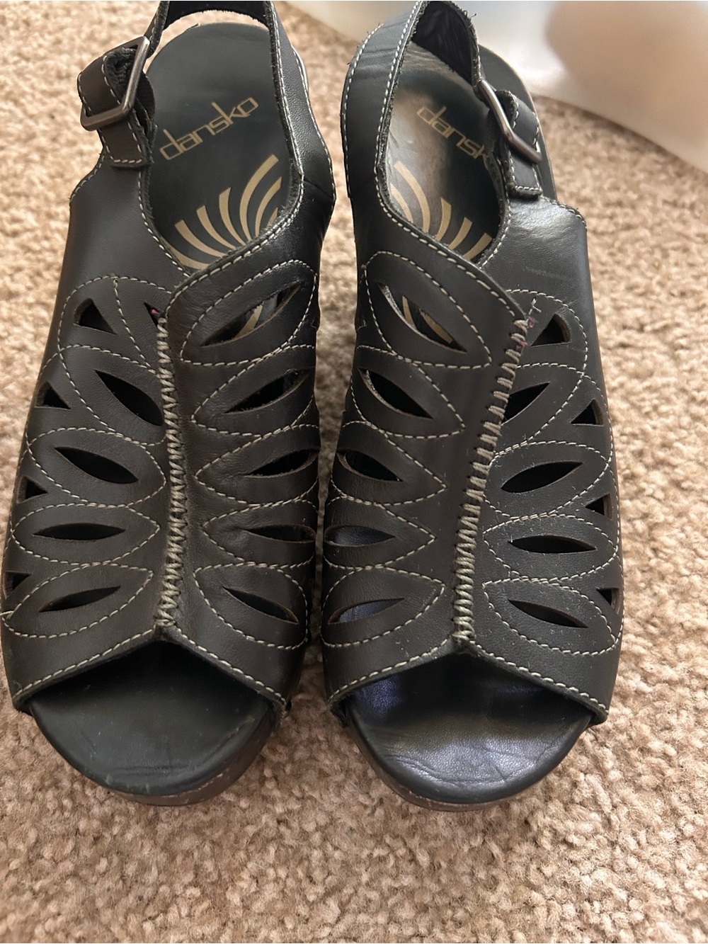 Dansko Black Leather Cutout Slingback Sandals with Buckle
